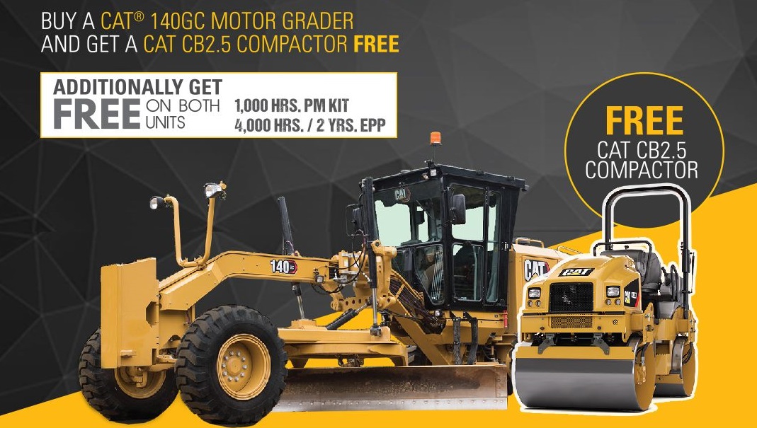 Al-Bahar offers free Cat CB2.5 compactor with purchase of Cat 140 GC motor grader