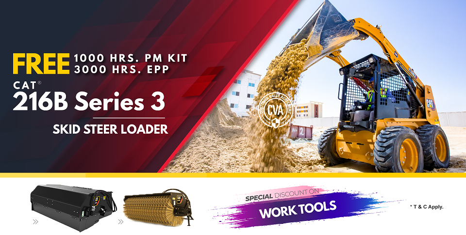 Al-Bahar offers free PM kit for 1,000 hours, EPP for 4,000 hours, and special discount on work tools with purchase of the Cat 216 B3 skid steer loader