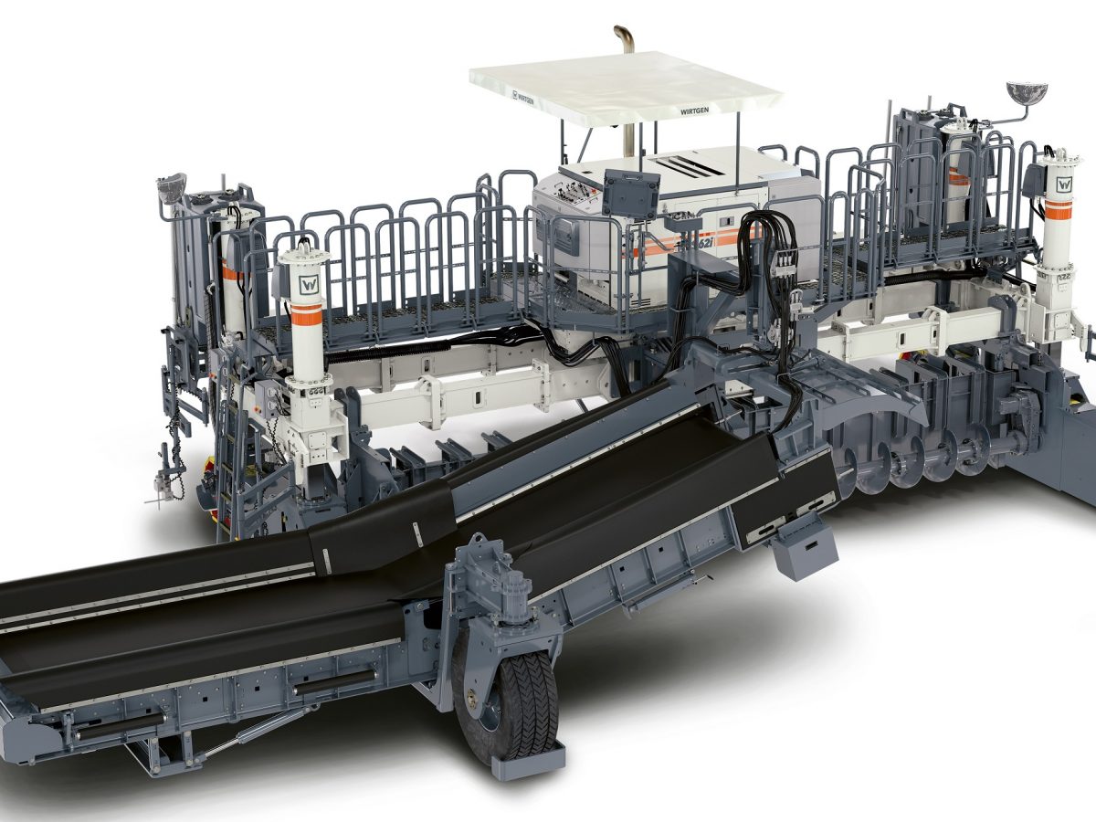 Wirtgen's WPS 62i placer feeds concrete from the side and spreads it homogeneously in front of the slipform paver