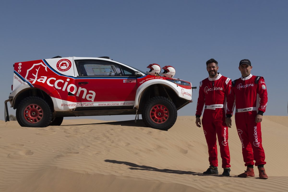 The ACCIONA 100% EcoPowered electric car competes in the Emirates Desert Championship Rally