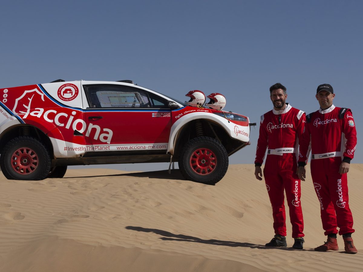 The ACCIONA 100% EcoPowered electric car competes in the Emirates Desert Championship Rally