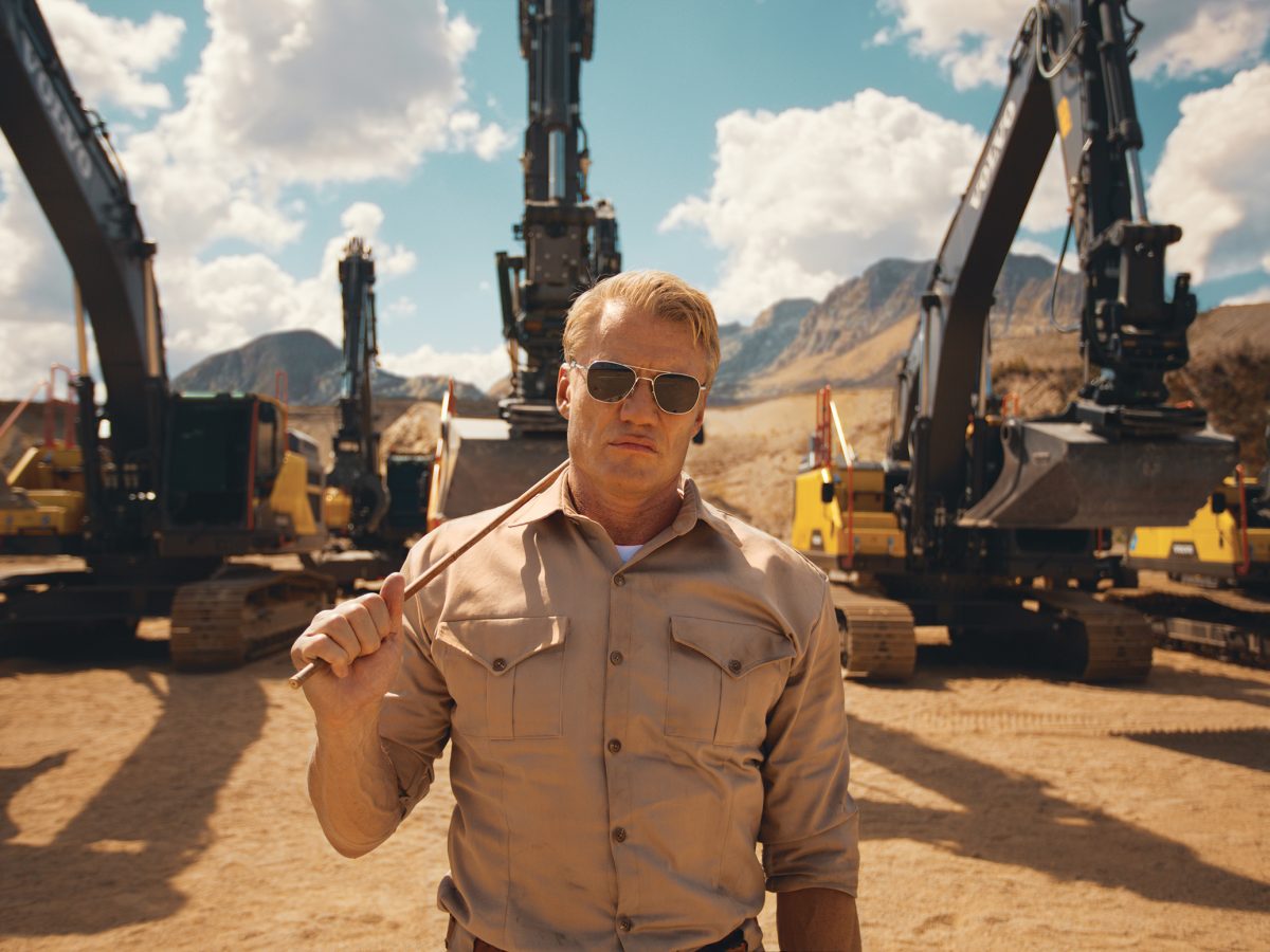 "Rise and shine maggots. I'm here to pump you up," says action hero Dolph Lundgren as he gives Volvo excavators the bootcamp treatment