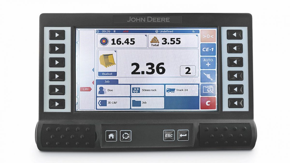 Payload weighing system on John Deere L-series wheel loaders enables operators to quickly weigh and calculate loads as they work